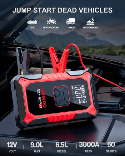 GOOLOO A3 Jump Starter with Air Compressor, 3000A Portable Car Battery Booster (9.0 Gas/6.5L Diesel) with 150PSI Auto-Shutoff Ti - Smarsty