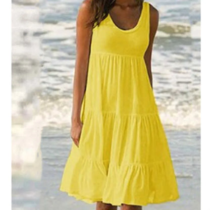 Bohemian Women's Casual O Neck Sleeveless Ruffle Mini Dress Solid Color Beach Tank Top Oversized Loose Dress Plus Size Women3029 - Smarsty