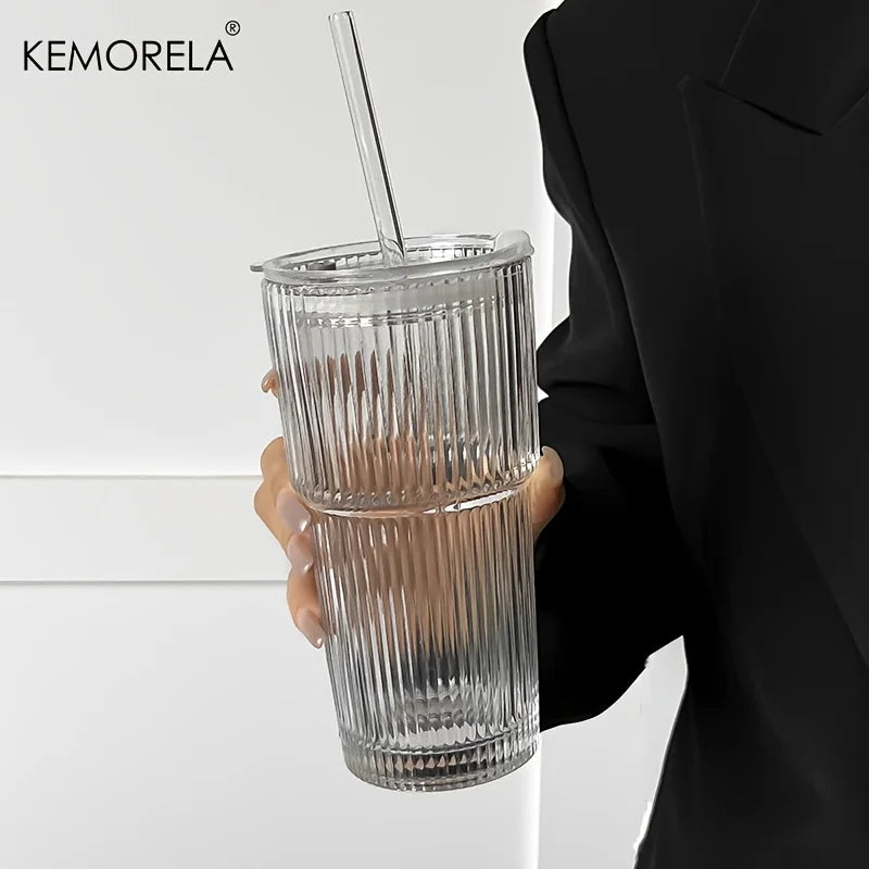 600ML Eco-Friendly Stripe Glass Coffee Cup with Lid - Smarsty