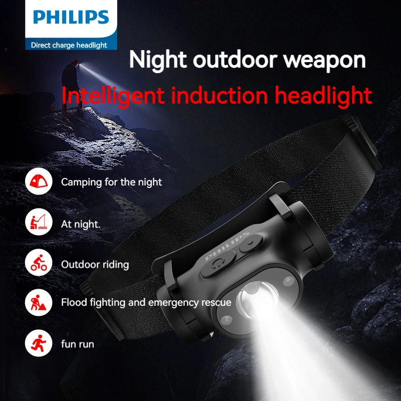 PHILIPS LED Headlamp Sensor Head Flashlight Ten Types of Lighting Type-C Rechargeable Headlight Outdoor Camping Fishing Lantern by Smarsty