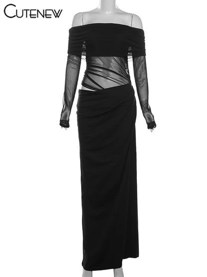 Cutenew Mesh Ruched Women Maxi Dress Sexy See Through Off Shoulder Long Sleeve Sheath Vestidos Female Midnight Party Solid Robe - Smarsty