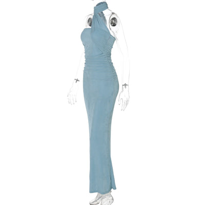 Hugcitar Halter Solid Sleeveless Backless Ruched Sexy Bodycon Maxi Prom Dress Summer Women Elegant Outfit Evening Party Birthday - Smarsty