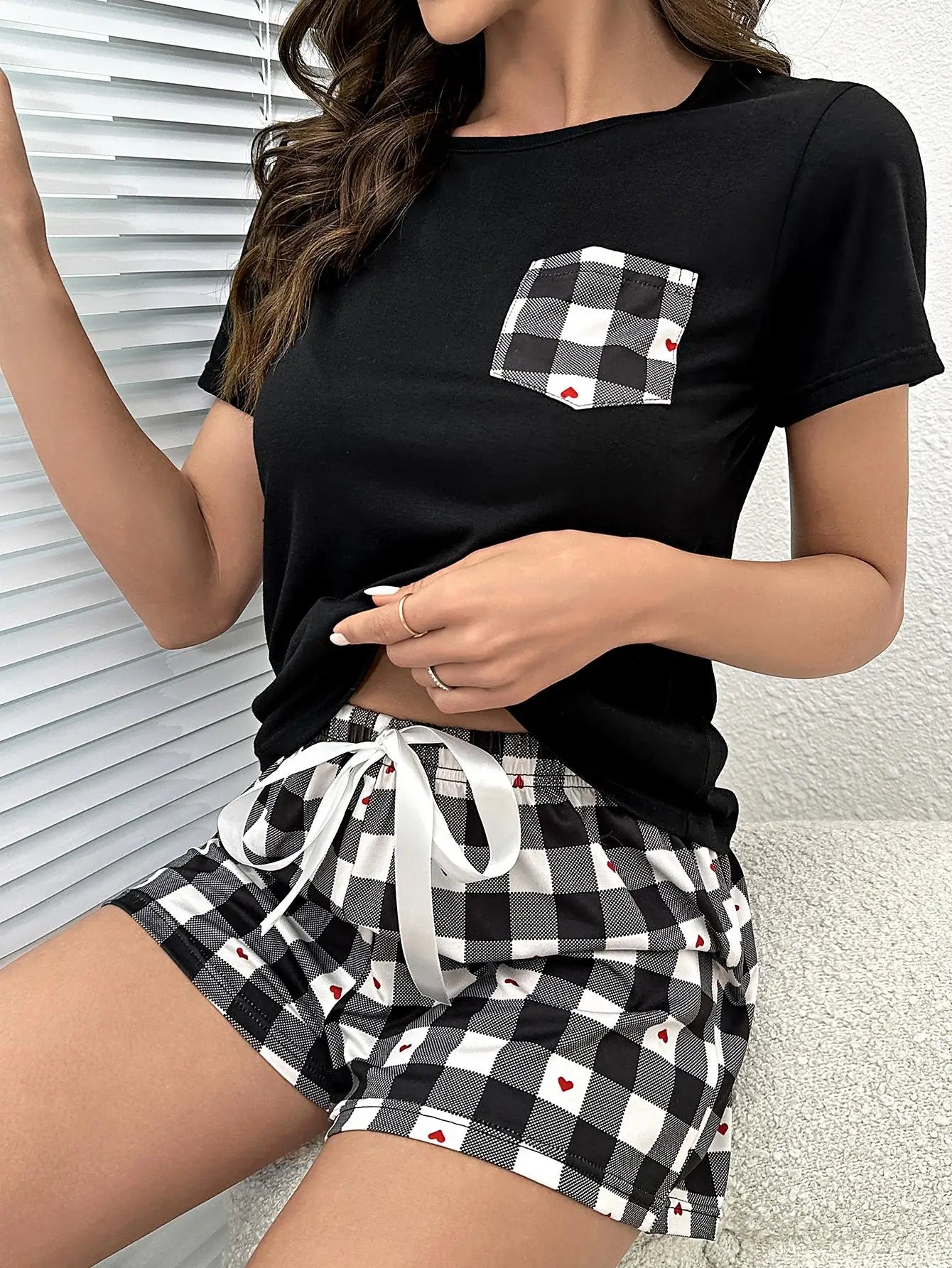 Summer Women's Pajamas Set Screw Neck Tee & Shorts Sleepwear 2 Pieces Heart Print Nightwear Elastic Drawstring Homewear Cloth - Smarsty