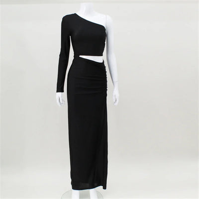 CNYISHE One Shoulder Cut Out Split Ruched Maxi Dress for Women Elegant Party Prom Gown Dresses Woman Sexy Birthday Outfits Robes - Smarsty