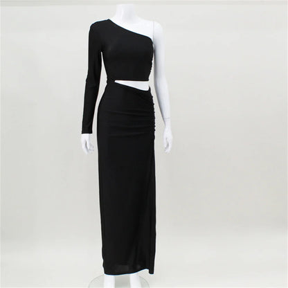 CNYISHE One Shoulder Cut Out Split Ruched Maxi Dress for Women Elegant Party Prom Gown Dresses Woman Sexy Birthday Outfits Robes