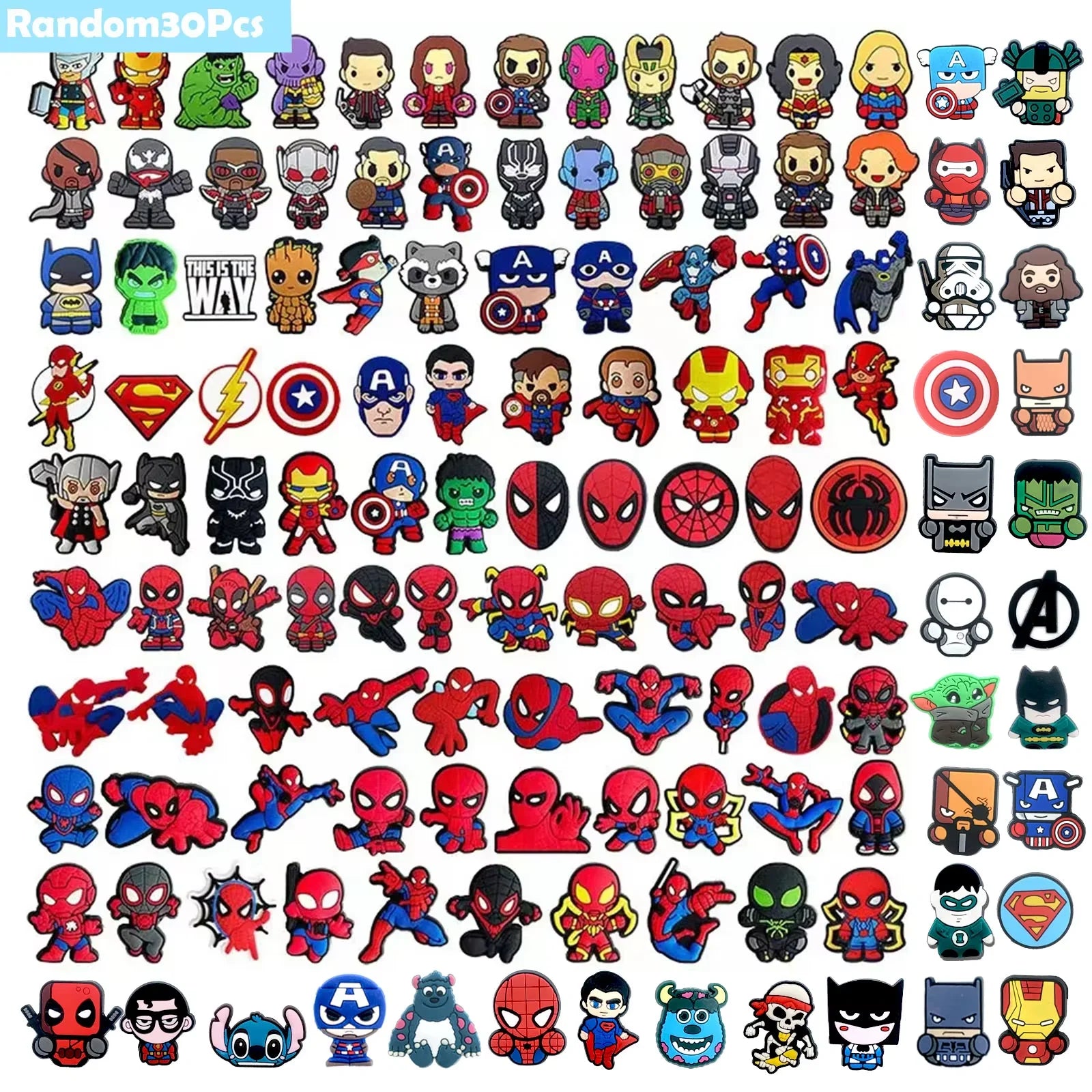 Random 10/20/30Pcs Hot Toys Marvel Spider-Man Series Shoe Charms For Clogs,PVC Shoe DIY Decorations Premium Quality Accessories
