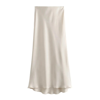 TRAFZA 2024 Y2K Casual Women Long Skirt Spring Elastic High Waisted A-Line Casual Female Satin Skirts High Street Lady Skirts - Smarsty