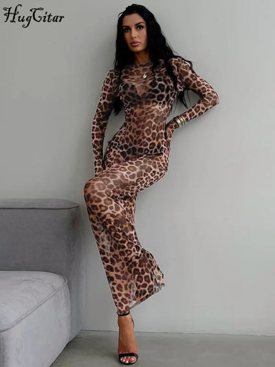 Hugcitar Leopard Print Mesh Long Sleeve Sexy Slim  See Through Maxi Dress Fall Women Fashion Outfits Beach Vacation Club - Smarsty