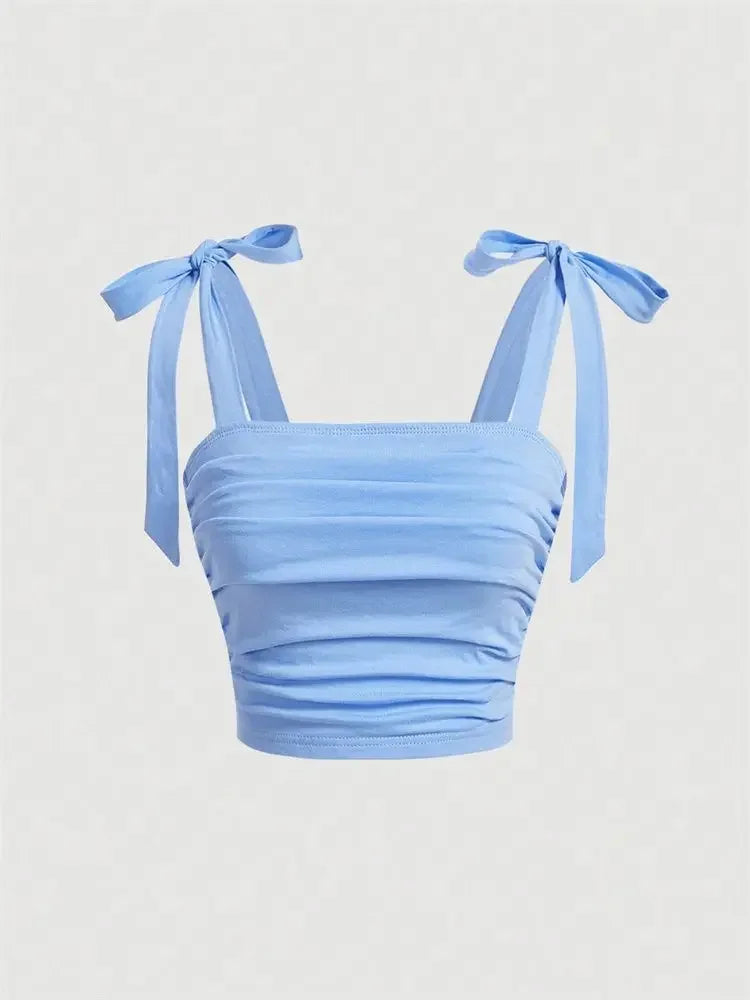 Solid Tie Shoulder Ruched Wide Strap Slim Fit Crop Top Women Clothing Summer 2025 Y2K Clothes Pink Backless Camis Top Streetwear
