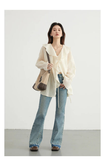 CHIC VEN Women Shirt Loose Casual Ruffled Edges Female Blouses V Neck Lace Up Mid Length Woman Shirts Spring Summer 2024 - Smarsty