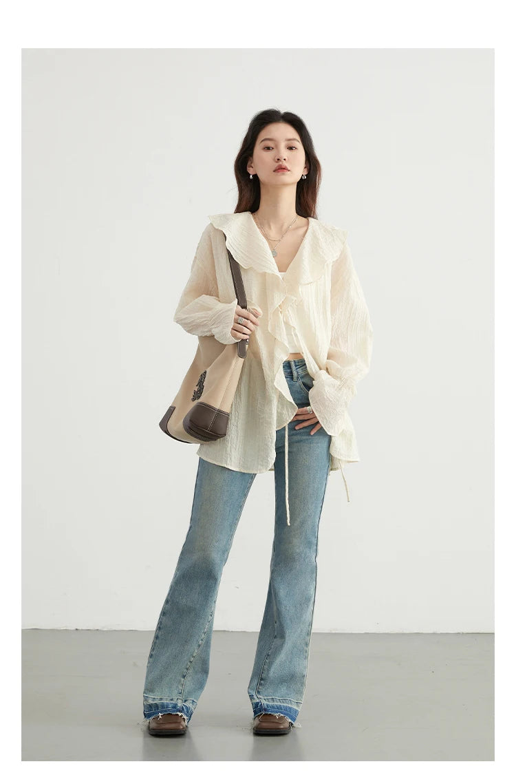 CHIC VEN Women Shirt Loose Casual Ruffled Edges Female Blouses V Neck Lace Up Mid Length Woman Shirts Spring Summer 2024 - Smarsty