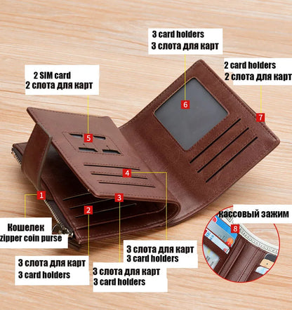 Leather Men's Wallet Luxury Short RFID Card Holder for Men Zipper Coin Purse Portable Male Wallets Billfold - Smarsty