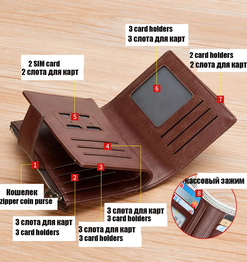 Leather Men's Wallet Luxury Short RFID Card Holder for Men Zipper Coin Purse Portable Male Wallets Billfold - Smarsty