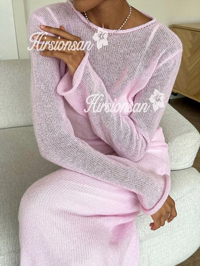 Hirsionsan Spring Autumn O-Neck Elastic Knit Long Dresses Women 2024 Elegant Chic Soft Lady Hollowing Sweater Dresses Femme New - Smarsty