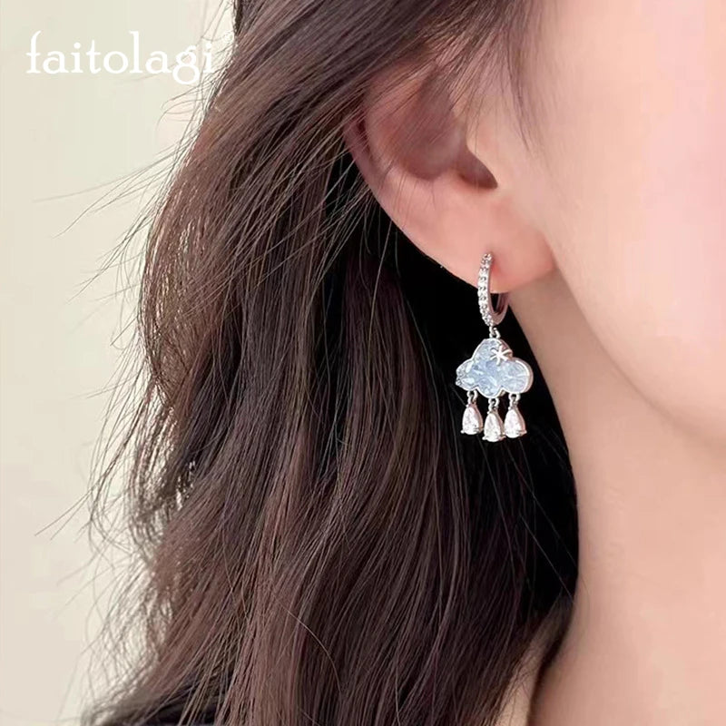 Elegant Blue Cloud Drop Earrings with Colorful Rain Tassel - Smarsty