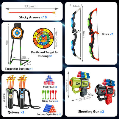 VATOS 2X Bow Arrow + Guns Toy For Kids Night-Light Archery Stand Target Board Indoor Outdoor Game Toys Boys Girls Christmas Gift - Smarsty