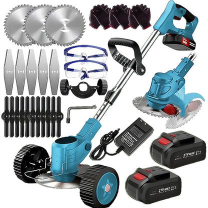 Wireless portable weed trimmer for lawn trimming. The trimmer is equipped with 2 lithium batteries and comes with replaceable bl