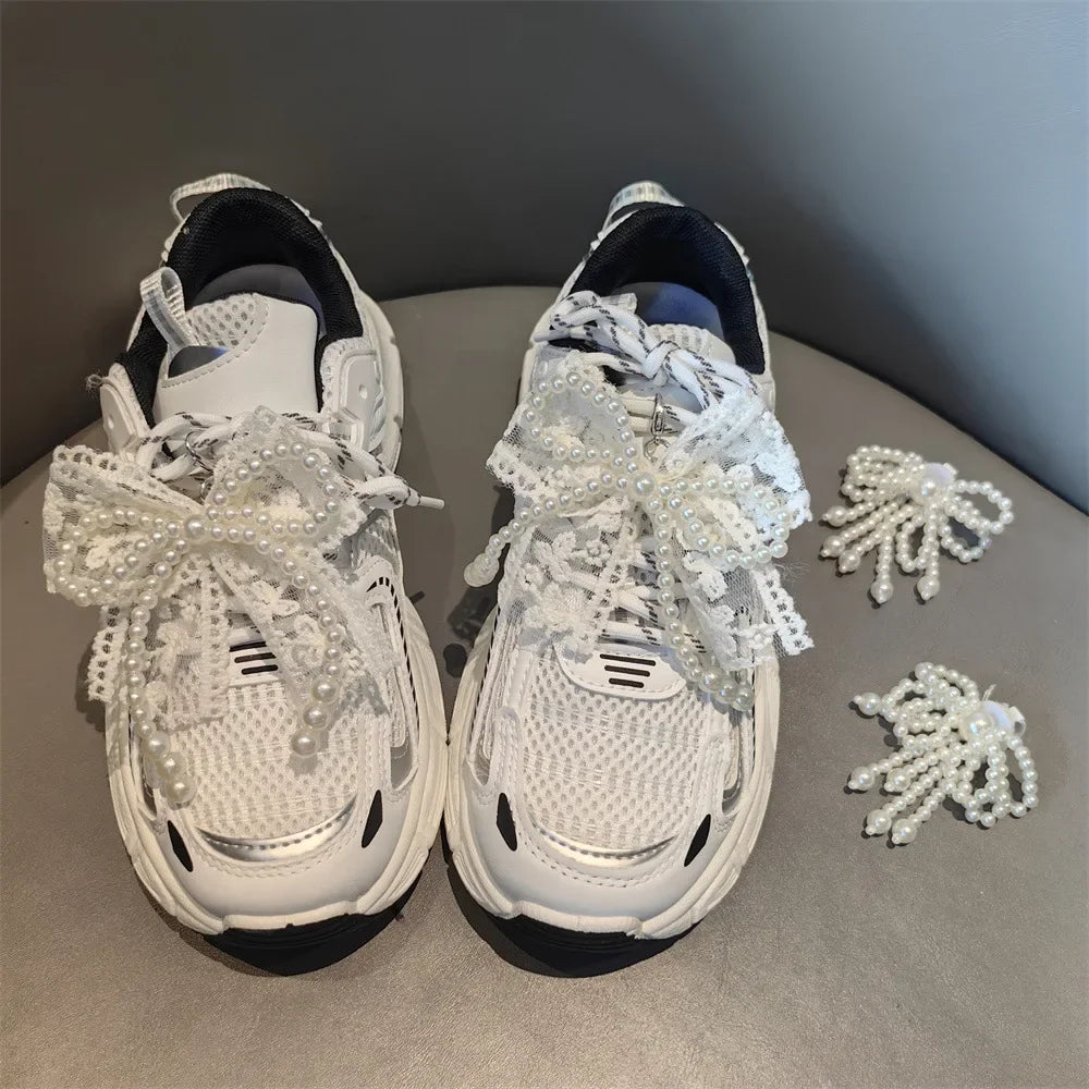 Fashion Lace Pearl Bow Shoe Laces Shoe Flower Buckle Premium Decorative Shoe Charm Accessories Charms for Sneakers Decorative