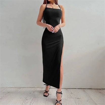 Sexy Black Long Bodycon Dress Women Summer Sleeveless Blackless Halter Neck Spaghetti Strap Dresses High Split Vestidos - Smarsty