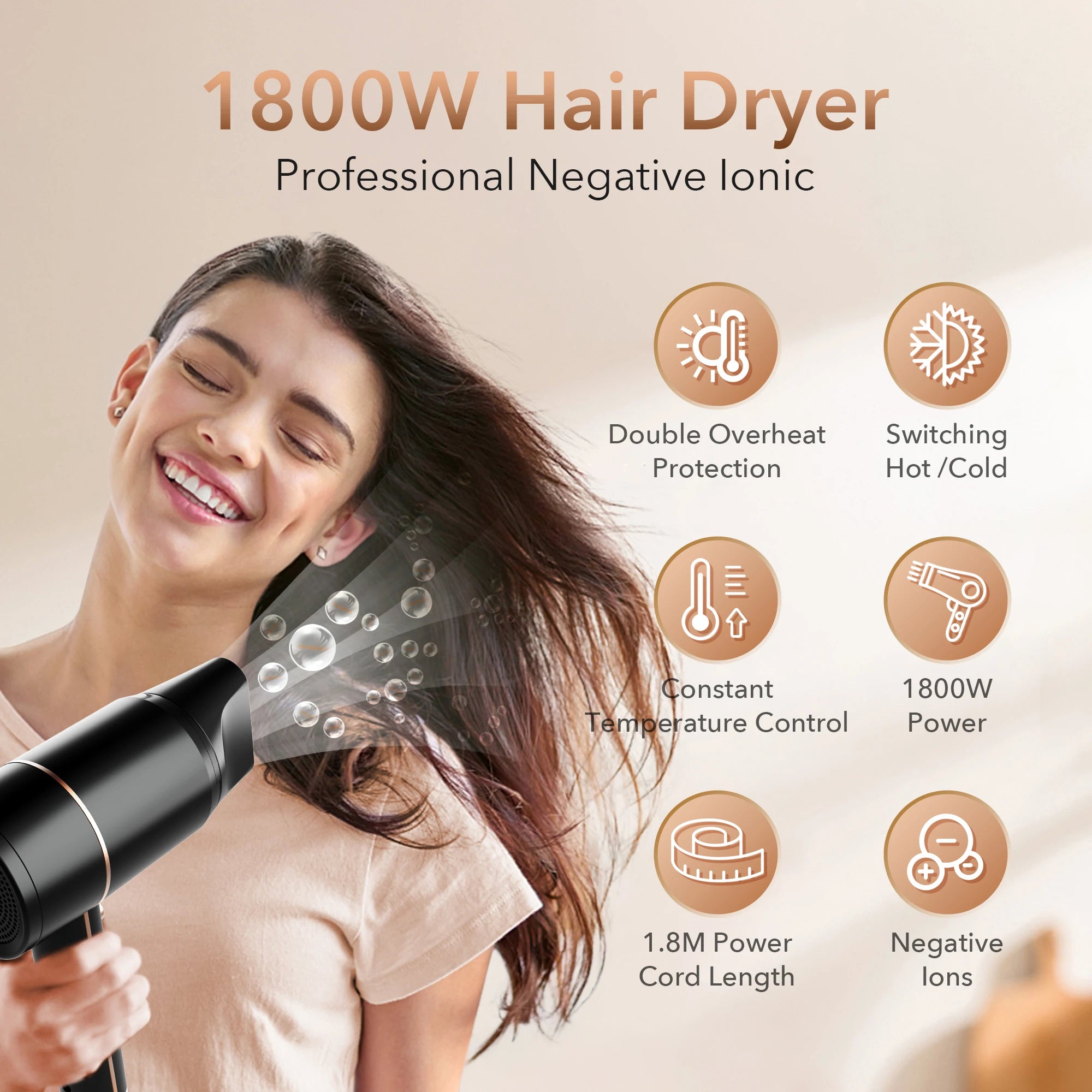Sejoy 1800W Negative Ion Hair Dryer with Temperature Control - Smarsty
