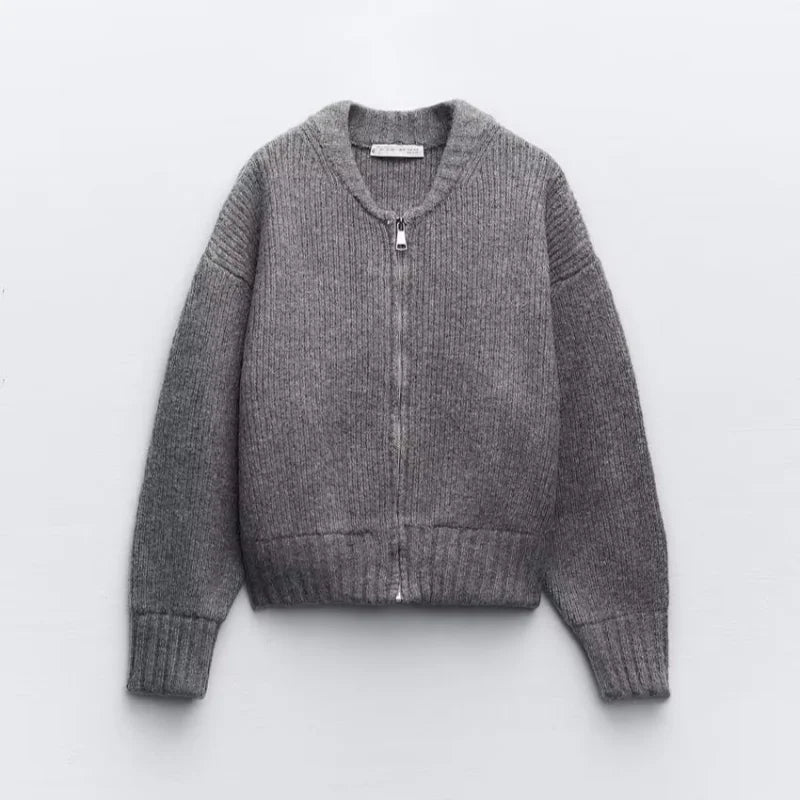 Vintage Knit Women Cardigan Casual Full Sleeve Zipper O Neck Pleated Solid Lady Sweater 2025 Autumn Fashion Female Knitwear - Smarsty