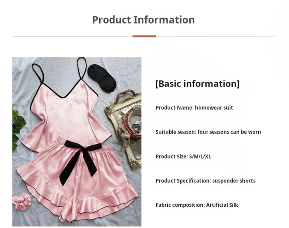Women's Smooth Satin Pajamas V-Neck T-Shirt Ruffled Edges And Bow Shorts Simple And Breathable Pajama Set Sling Home Clothing - Smarsty