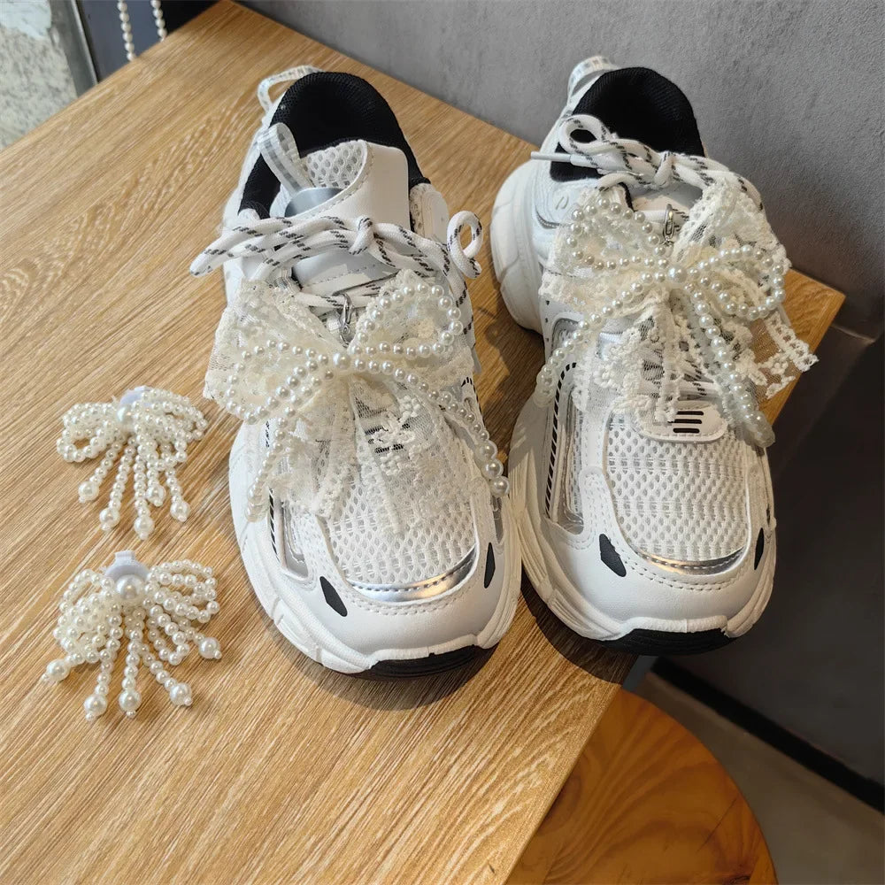 Fashion Lace Pearl Bow Shoe Laces Shoe Flower Buckle Premium Decorative Shoe Charm Accessories Charms for Sneakers Decorative