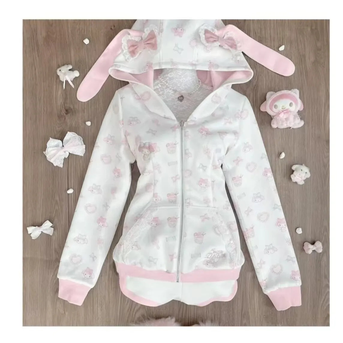 Harajuku Japanese Kawaii Sweatshirts Cartoon Rabbit Print Hoodie Y2k Pink Subculture Bow Zip Up Hoodie Women Slim Anime Hoodie
