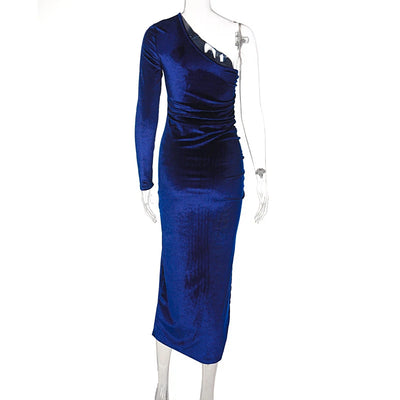 Women Elegant Long Sleeve Party Evening Velvet Bodycon Split Pencil Midi Dress Spring Autumn Clothes - Smarsty