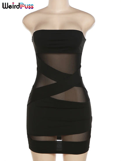 Weird Puss Party Strapless Dress Women Patchwork Mesh Summer Trend Sleeveless Midnight Sexy Hip Mini Bodycon Skinny Clubwear - Smarsty