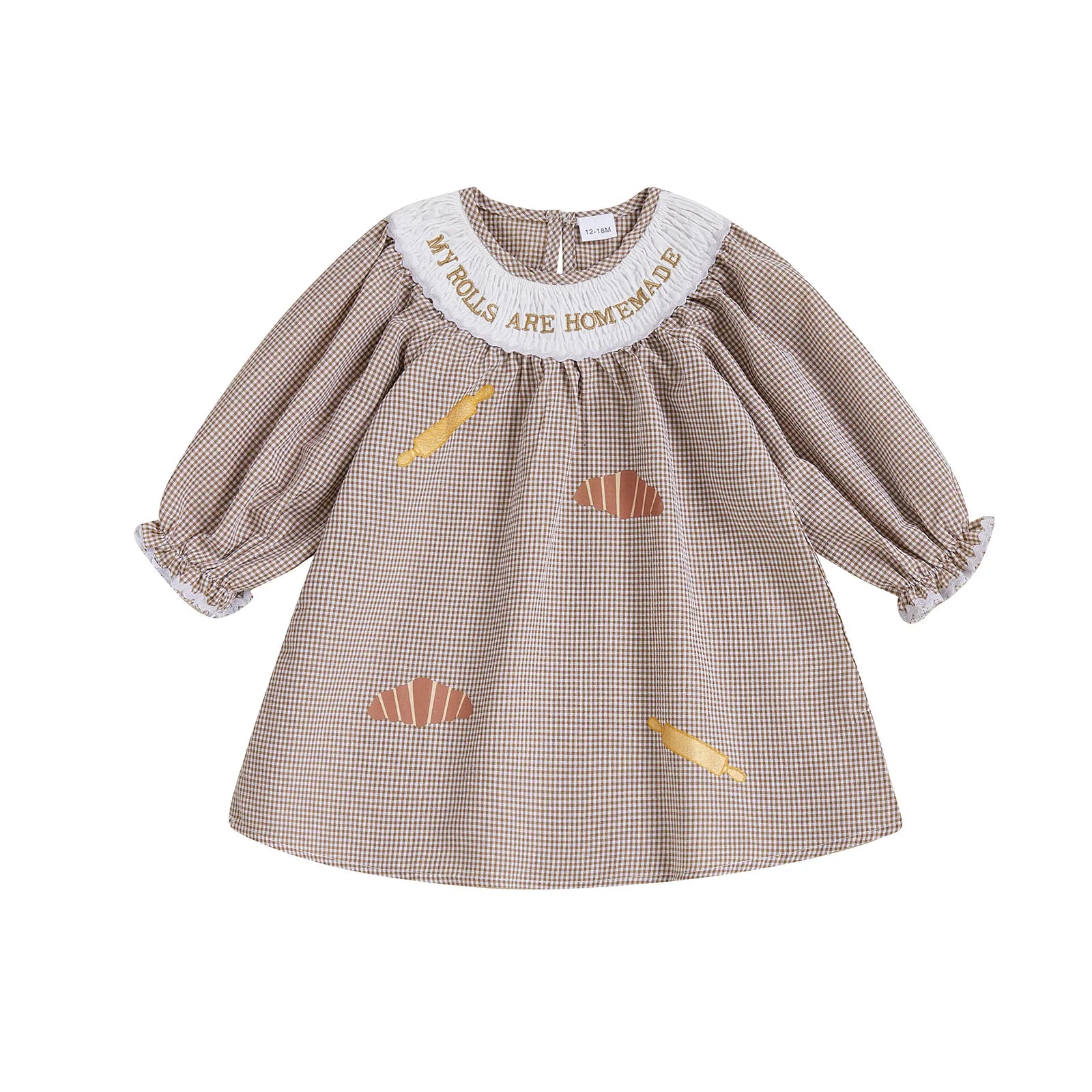 Thanksgiving Turkey Embroidered Plaid Dress with Peter Pan Collar and Long Sleeves for Girls - Festive Fall Outfit for Kids
