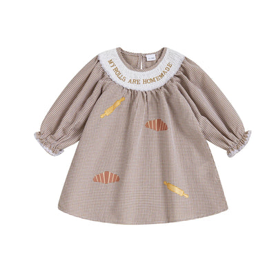 Thanksgiving Turkey Embroidered Plaid Dress with Peter Pan Collar and Long Sleeves for Girls - Festive Fall Outfit for Kids