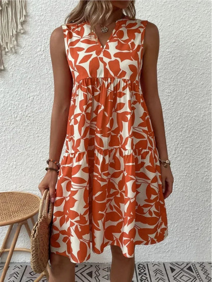 Women Boho Print Mini Dress Summer Elegant Sleeveless V Neck Ruffle A Line Tank Dress Casual Loose Oversize Beach Party Sundress - Smarsty