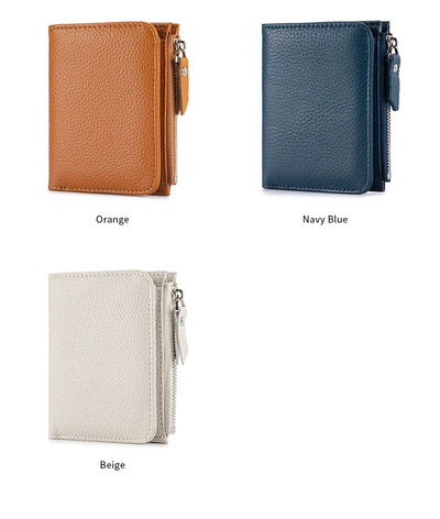 Women Genuine Leather Slim Short Wallet RFID Blocking Bi-Fold Wallet Credit Card Holder money clip wallet Zipper Coin pocket - Smarsty