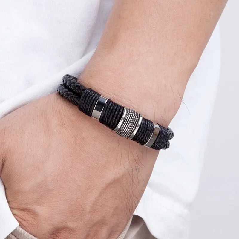 Vintage Woven Leather Wrap Bracelets For Men Durable Stainless Steel Wristbands - Smarsty