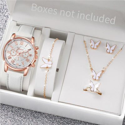 5/6PCS Fashion Women's Quartz Watch Leather Band Analog Wrist Watches Heart Rhinestone Jewelry Set(Without Box) - Smarsty