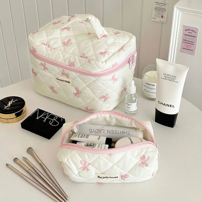 Cute Bow Flower Quilted Cotton Makeup Bag With Zipper - Smarsty