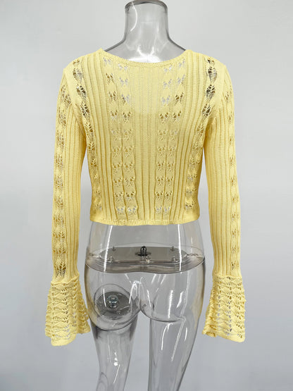Tossy Knitwear Hollow Out Sweater Cardigan Women V-Neck Long Sleeve See-Through Cropped Top Summer Knit Patchwork Cardigan Top - Smarsty