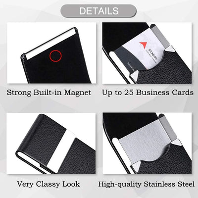 Business Card Holder Case - Slim PU Leather Metal Pocket Card Holder with Magnetic Shut, Name Card Holder - Smarsty