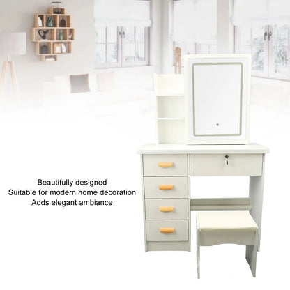 Vanity Table Dressing Table Modern Multi Functional Lighted Mirror Vanity Desk with Drawers Shelves Padded Stool for Bedroom