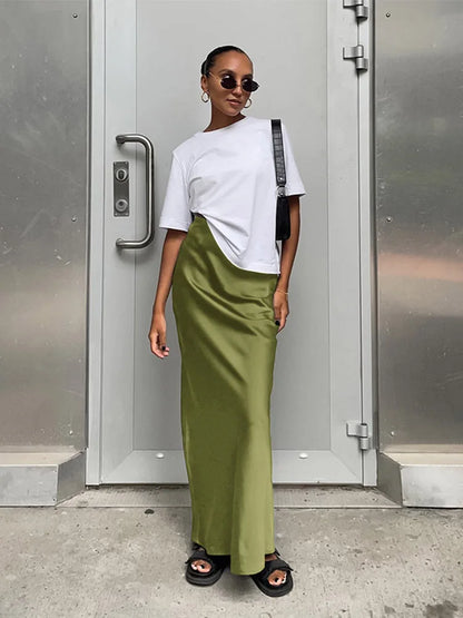 Elegant Satin Black Trumpet Skirts Fashion Slim High Waist Skirts Women Female Solid Office Long Skirt Spring Summer - Smarsty
