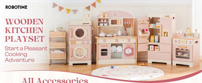 Robotime Robud Kids Corner Kitchen Playset Wooden Play Kitchen Set with Realistic Sound Pretend Play Gift for Boys Girls Pink by Smarsty