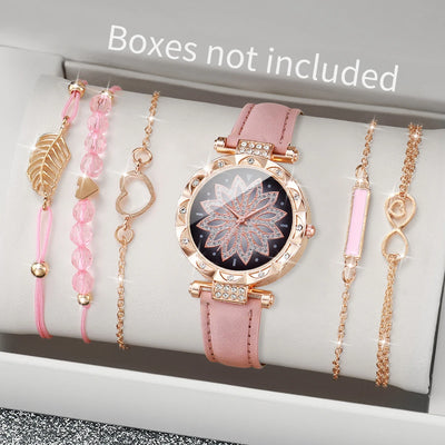 Fashion Heart Dial Women's Watch Set with Leather Band - Smarsty