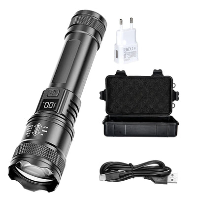 Rechargeable LED Flashlight Zoomable Torch with LCD Display 3 Modes Waterproof High Power Hand Light Outdoor Wilderness Camping - Smarsty