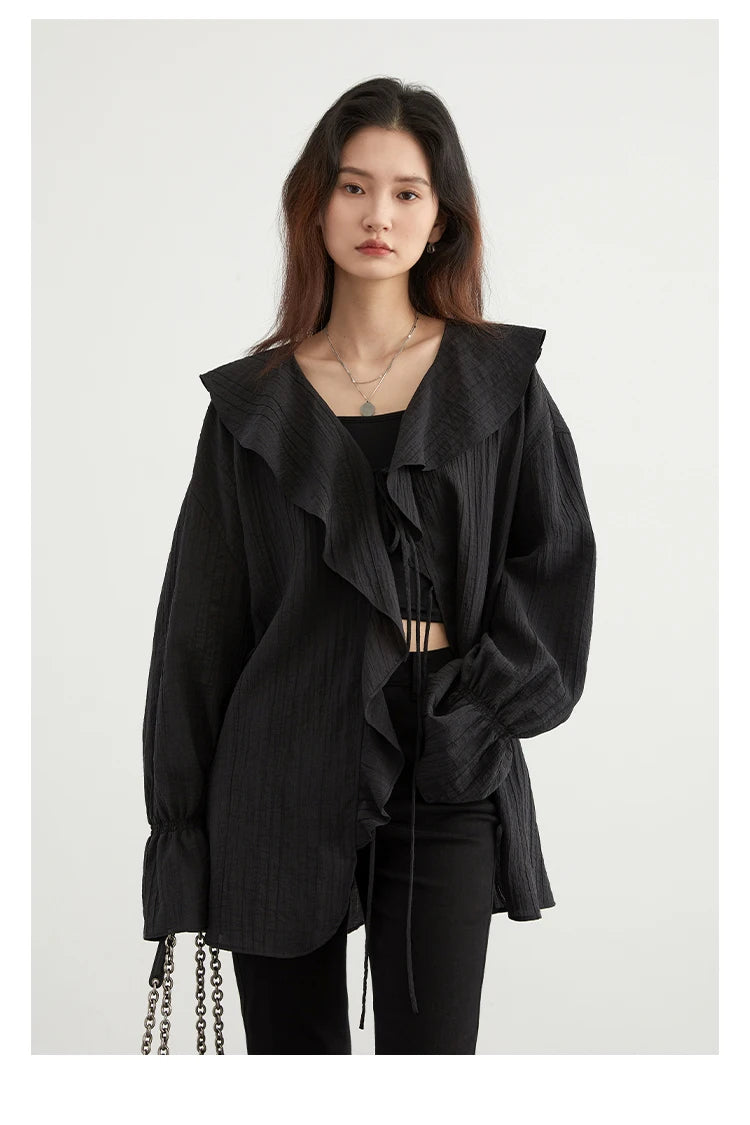 CHIC VEN Women Shirt Loose Casual Ruffled Edges Female Blouses V Neck Lace Up Mid Length Woman Shirts Spring Summer 2024 - Smarsty