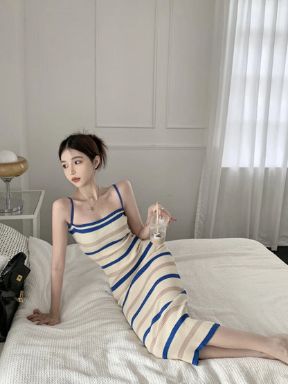 Elegant Camisole Dress for Women's Summer New Sleeveless Slim fit Knitted Striped Mid Length Dresses
