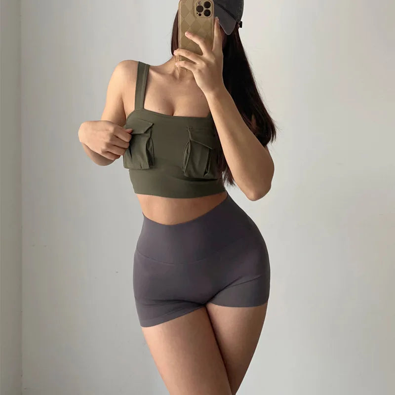 GymHUB Hip lifting fitness yoga shorts three-quarter pants female high-waisted peach nude running sports quick-drying anti - Smarsty