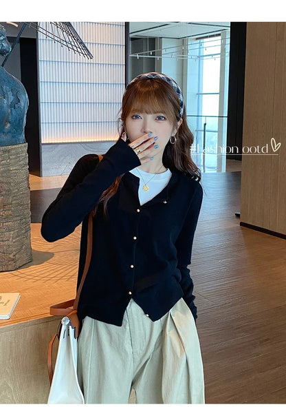 Solid Color Knitted for Women Cardigan Korean Single Breasted Long Sleeve Jumper Woman Round Neck All Match Cardigans Outwear