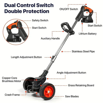 Wireless portable weed trimmer for lawn trimming. The trimmer is equipped with 2 lithium batteries and comes with replaceable bl