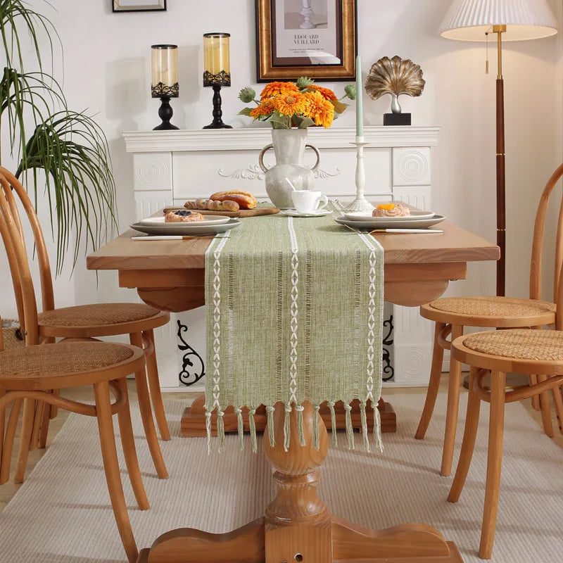 Boho Green Table Runner with Rustic Tassels - Smarsty